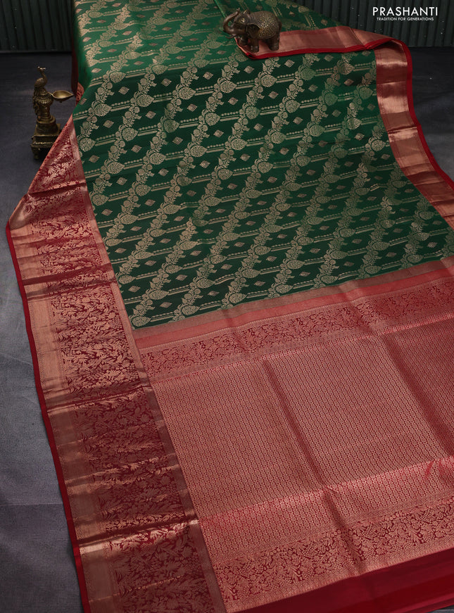 Pure kanchipuram silk saree green and maroon with allover zari woven brocade weaves and rich zari woven border