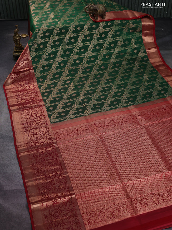 Pure kanchipuram silk saree green and maroon with allover zari woven brocade weaves and rich zari woven border