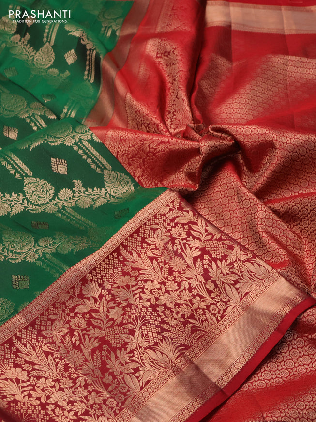 Pure kanchipuram silk saree green and maroon with allover zari woven brocade weaves and rich zari woven border