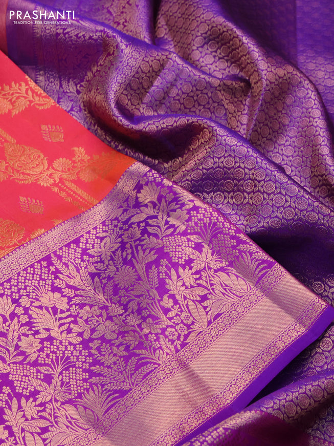 Pure kanchipuram silk saree dual shade of pinkish orange and purple with allover zari woven brocade weaves and rich zari woven border