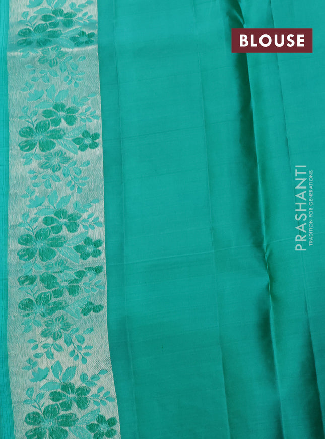 Pure kanchipuram silk saree pastel green and teal green shade with allover silver zari woven brocade weaves and zari woven floral design border
