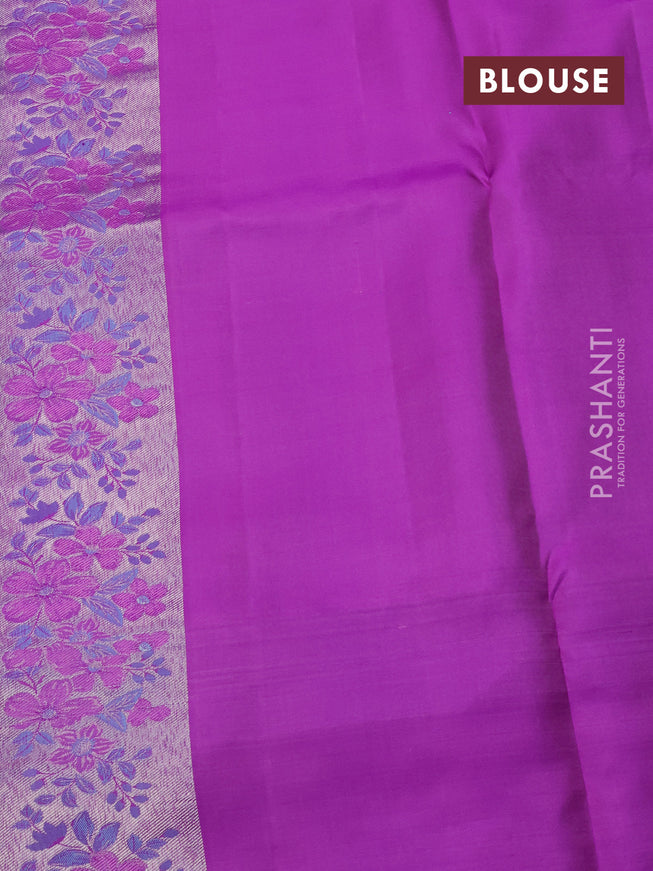Pure kanchipuram silk saree light blue and purple with allover silver zari woven brocade weaves and zari woven floral design border