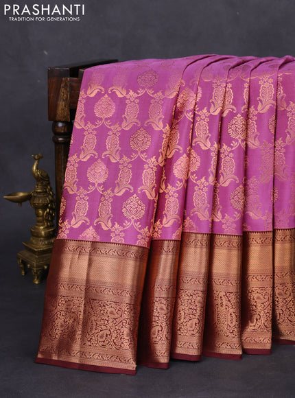 Pure kanchipuram silk saree mauve pink and deep maroon with allover zari woven brocade weaves and zari woven border