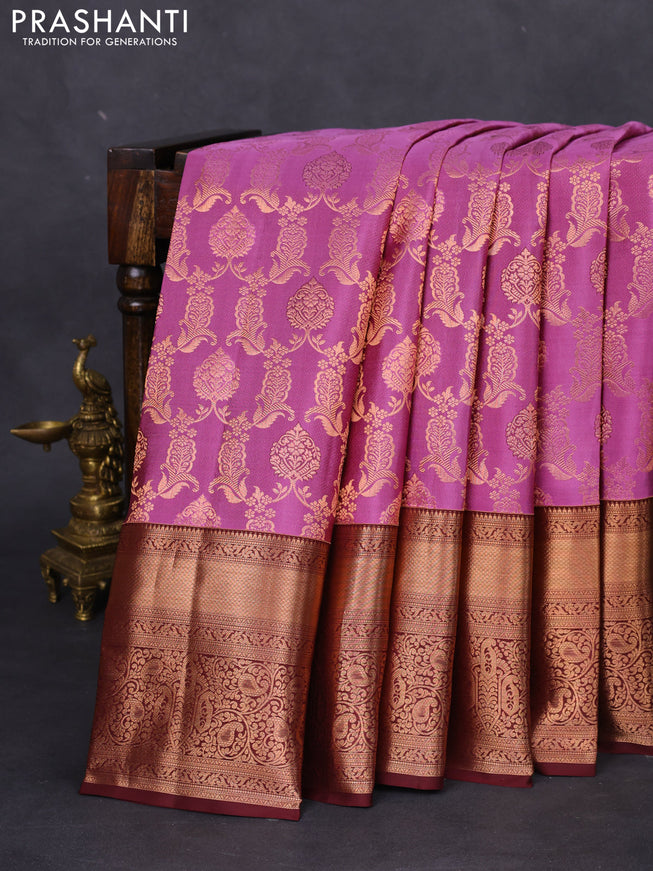 Pure kanchipuram silk saree mauve pink and deep maroon with allover zari woven brocade weaves and zari woven border