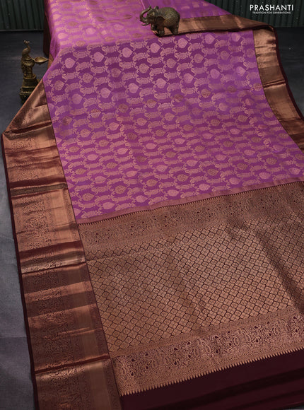 Pure kanchipuram silk saree mauve pink and deep maroon with allover zari woven brocade weaves and zari woven border