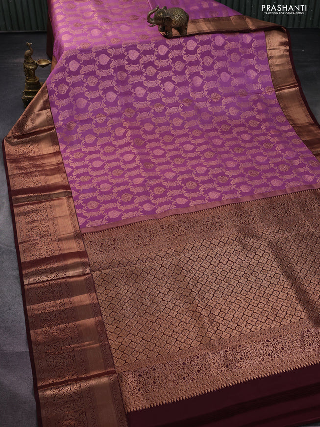 Pure kanchipuram silk saree mauve pink and deep maroon with allover zari woven brocade weaves and zari woven border