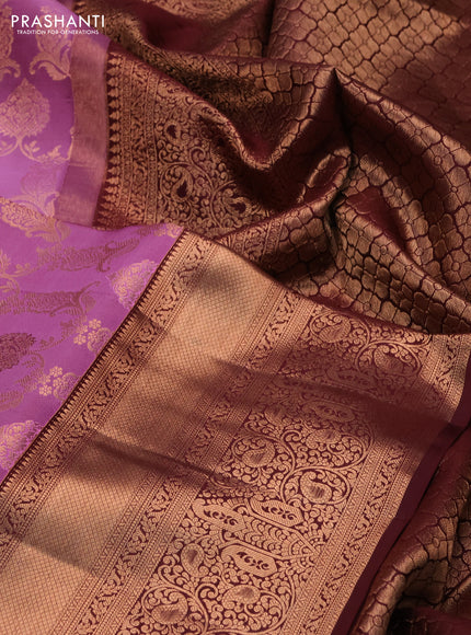 Pure kanchipuram silk saree mauve pink and deep maroon with allover zari woven brocade weaves and zari woven border