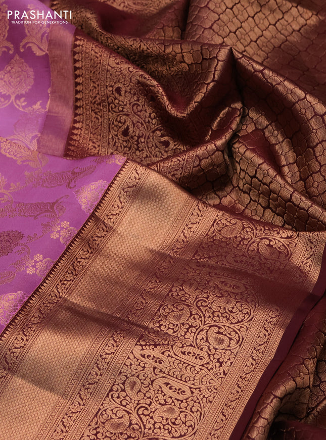 Pure kanchipuram silk saree mauve pink and deep maroon with allover zari woven brocade weaves and zari woven border