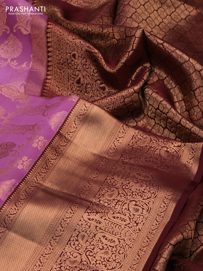 Pure kanchipuram silk saree mauve pink and deep maroon with allover zari woven brocade weaves and zari woven border