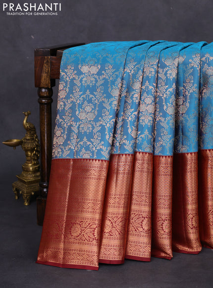 Pure kanchipuram silk saree cs blue and deep maroon with allover zari woven brocade weaves and long copper zari woven border
