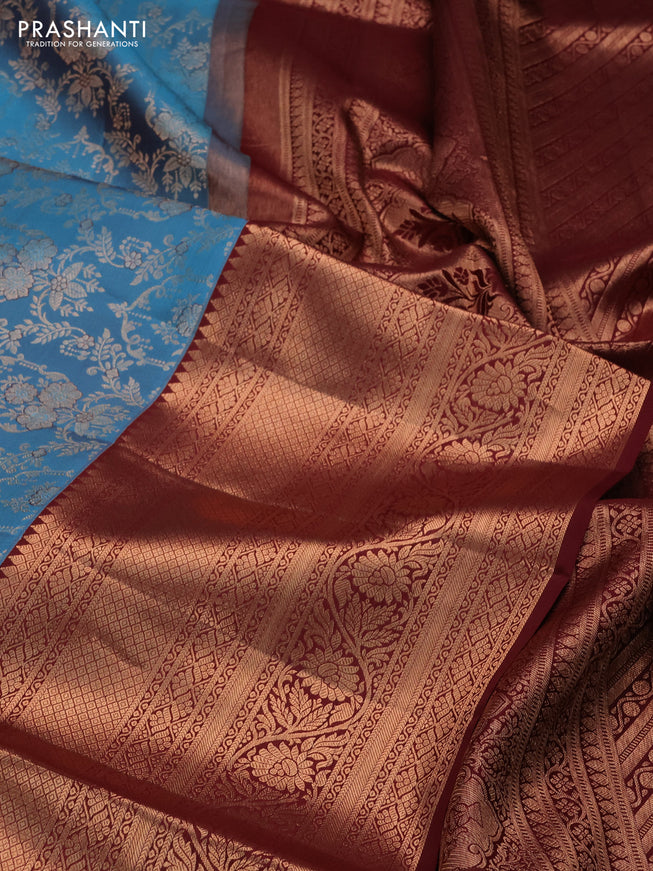 Pure kanchipuram silk saree cs blue and deep maroon with allover zari woven brocade weaves and long copper zari woven border