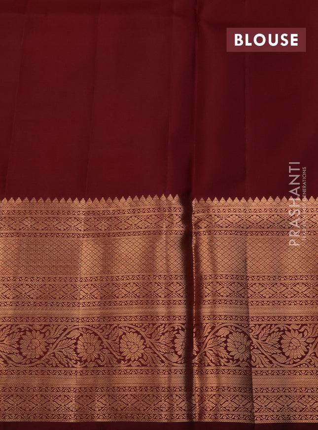 Pure kanchipuram silk saree cs blue and deep maroon with allover zari woven brocade weaves and long copper zari woven border