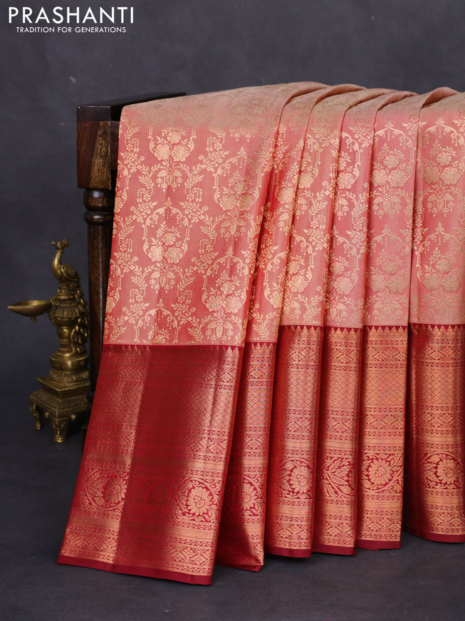 Pure kanchipuram silk saree peach shade and deep maroon with allover zari woven brocade weaves and long copper zari woven border