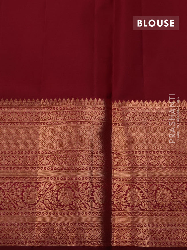 Pure kanchipuram silk saree peach shade and deep maroon with allover zari woven brocade weaves and long copper zari woven border