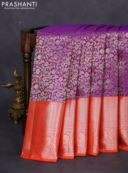 Pure kanchipuram silk saree purple and orange with allover silver zari woven brocade weaves and silver zari woven border