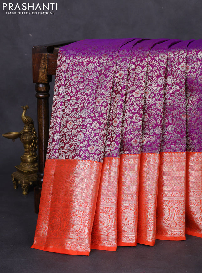 Pure kanchipuram silk saree purple and orange with allover silver zari woven brocade weaves and silver zari woven border