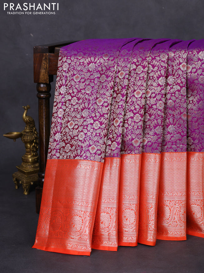 Pure kanchipuram silk saree purple and orange with allover silver zari woven brocade weaves and silver zari woven border