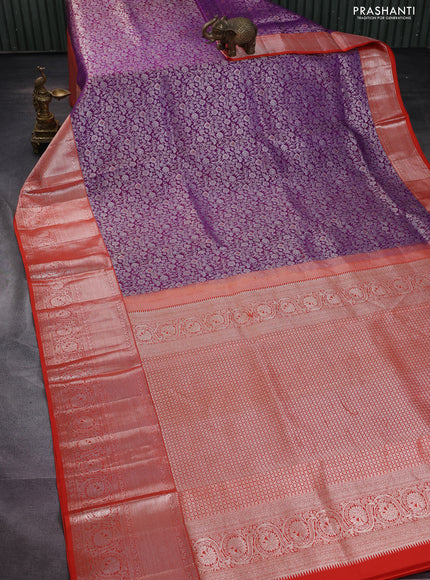 Pure kanchipuram silk saree purple and orange with allover silver zari woven brocade weaves and silver zari woven border