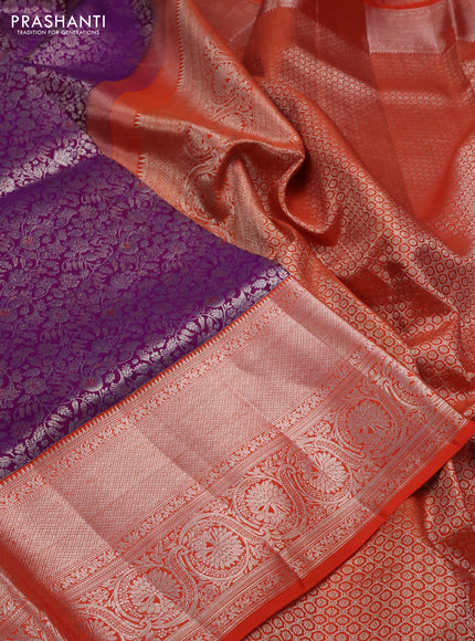 Pure kanchipuram silk saree purple and orange with allover silver zari woven brocade weaves and silver zari woven border