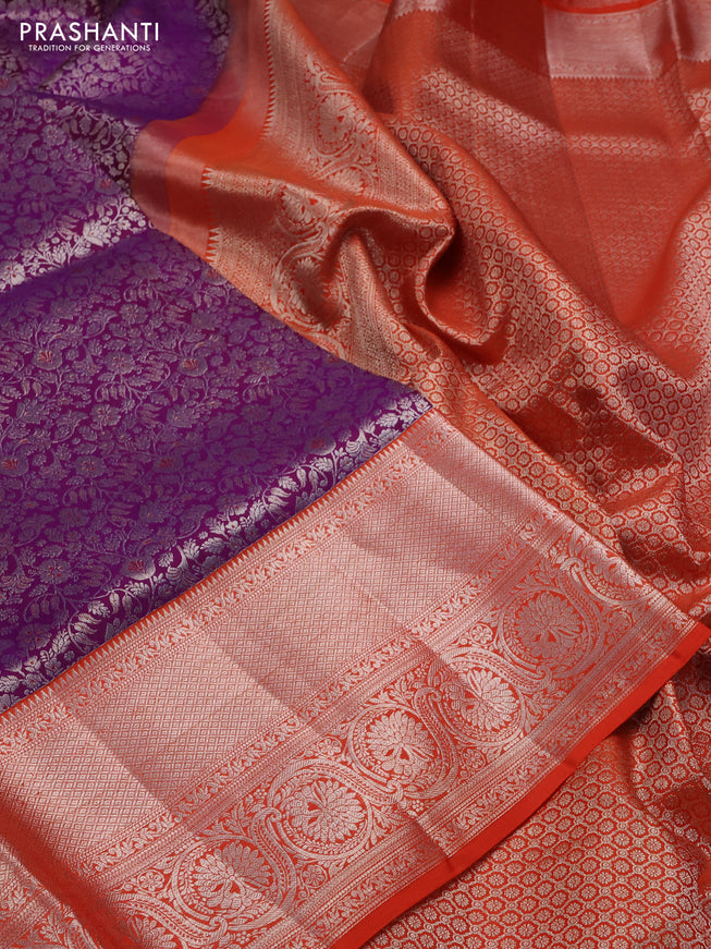 Pure kanchipuram silk saree purple and orange with allover silver zari woven brocade weaves and silver zari woven border