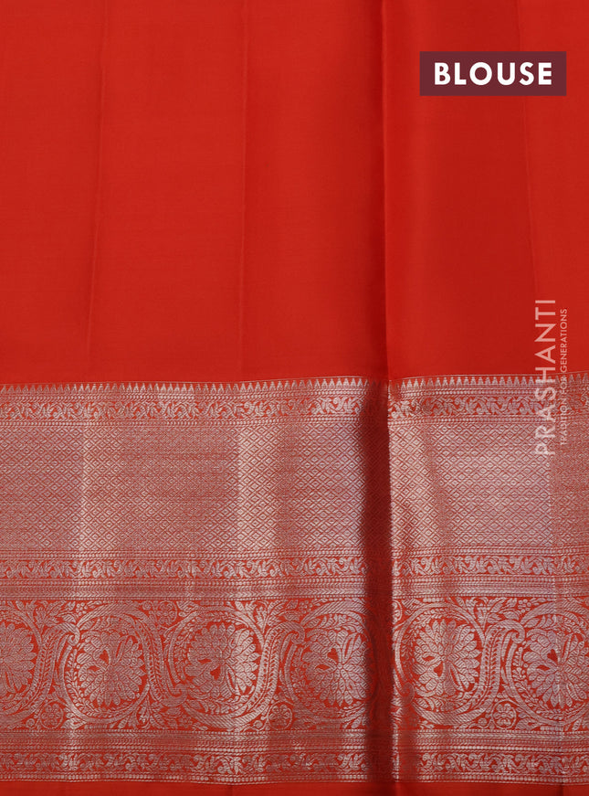 Pure kanchipuram silk saree purple and orange with allover silver zari woven brocade weaves and silver zari woven border