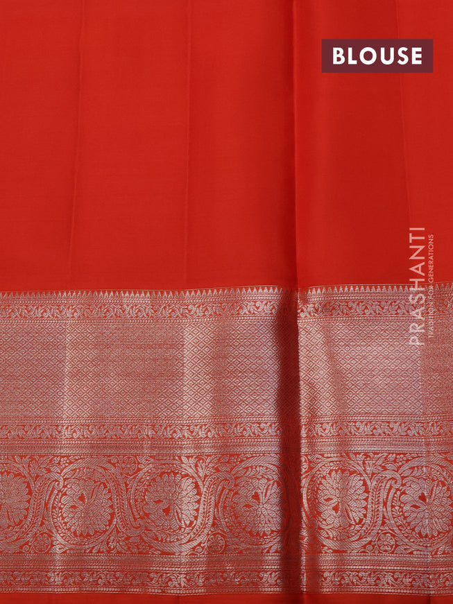Pure kanchipuram silk saree purple and orange with allover silver zari woven brocade weaves and silver zari woven border