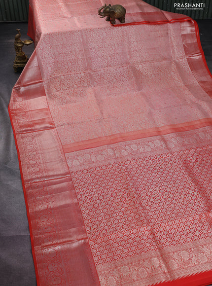 Pure kanchipuram silk saree peach shade and orange with allover silver zari woven brocade weaves and silver zari woven border