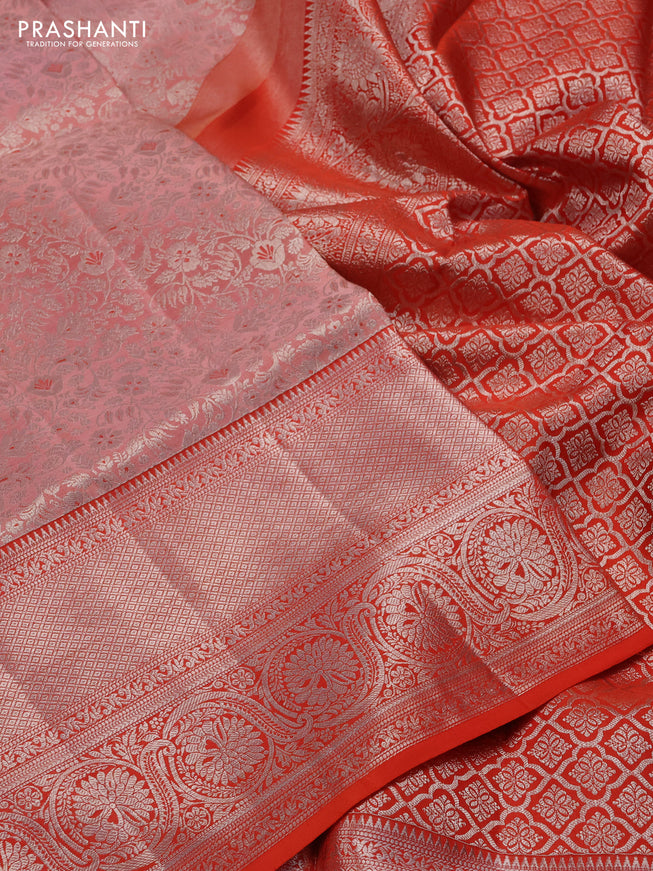 Pure kanchipuram silk saree peach shade and orange with allover silver zari woven brocade weaves and silver zari woven border