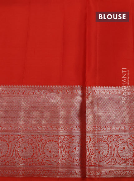 Pure kanchipuram silk saree peach shade and orange with allover silver zari woven brocade weaves and silver zari woven border