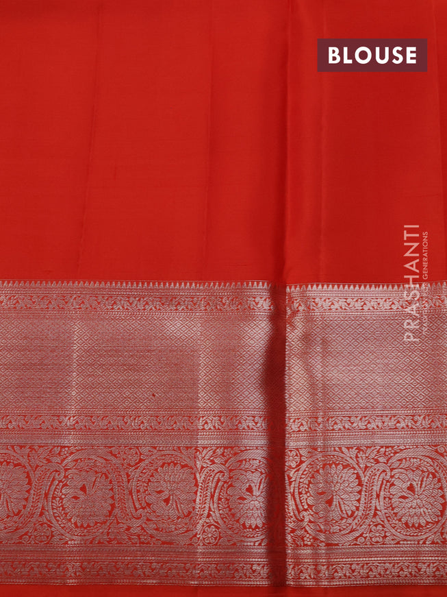 Pure kanchipuram silk saree peach shade and orange with allover silver zari woven brocade weaves and silver zari woven border