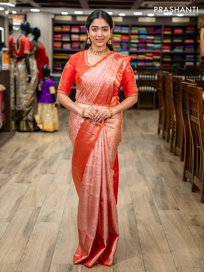 Pure kanchipuram silk saree peach shade and orange with allover silver zari woven brocade weaves and silver zari woven border