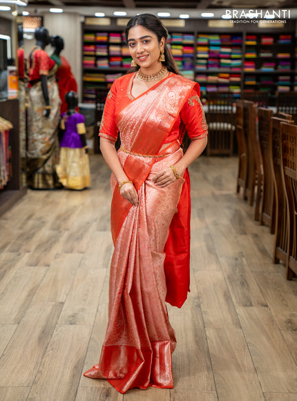 Pure kanchipuram silk saree peach shade and orange with allover silver zari woven brocade weaves and silver zari woven border