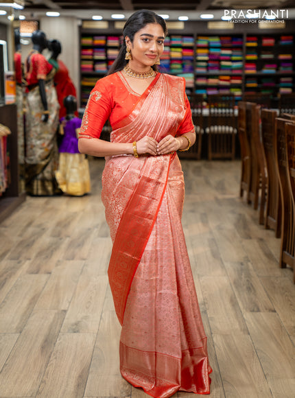 Pure kanchipuram silk saree peach shade and orange with allover silver zari woven brocade weaves and silver zari woven border