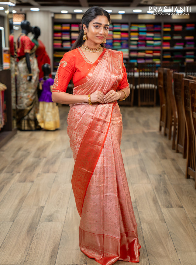 Pure kanchipuram silk saree peach shade and orange with allover silver zari woven brocade weaves and silver zari woven border
