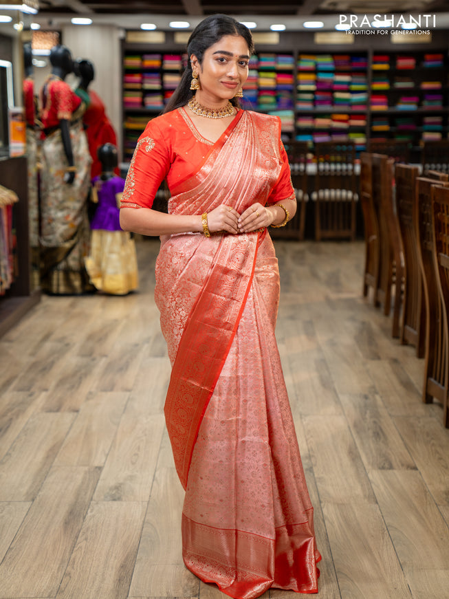 Pure kanchipuram silk saree peach shade and orange with allover silver zari woven brocade weaves and silver zari woven border