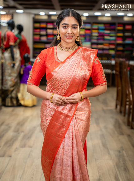 Pure kanchipuram silk saree peach shade and orange with allover silver zari woven brocade weaves and silver zari woven border