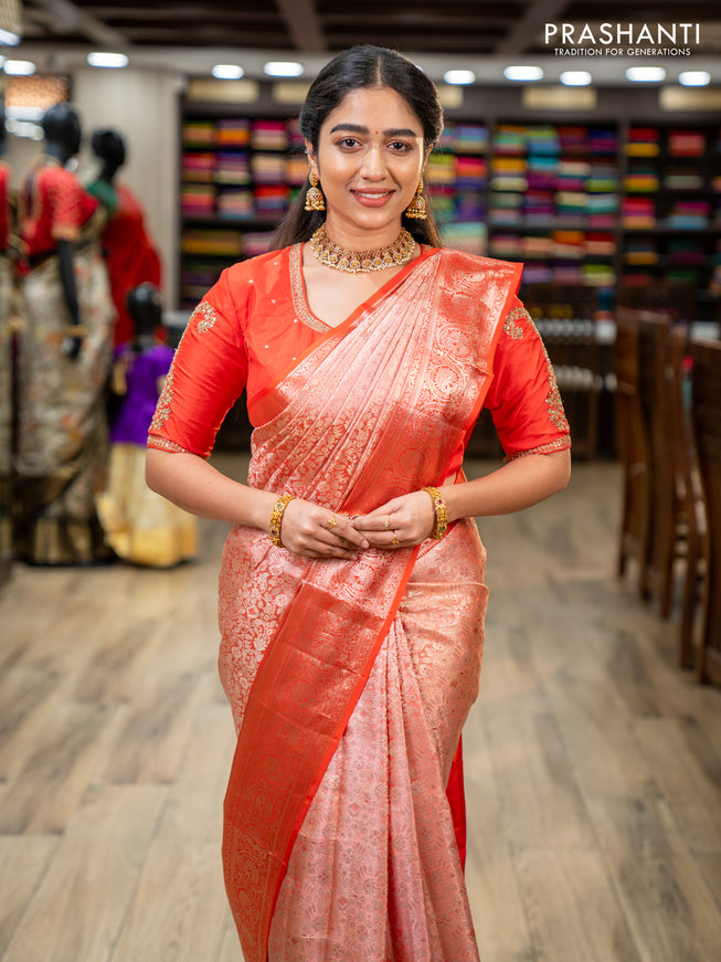 Pure kanchipuram silk saree peach shade and orange with allover silver zari woven brocade weaves and silver zari woven border