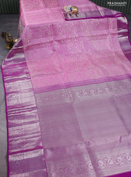 Pure kanchipuram silk saree lotus pink and purple with allover silver zari woven brocade weaves and silver zari woven border