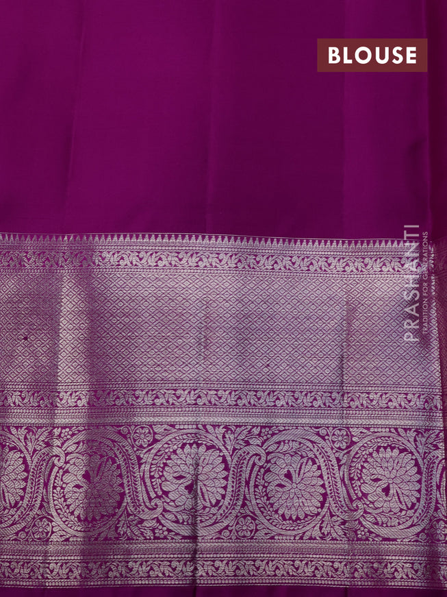 Pure kanchipuram silk saree lotus pink and purple with allover silver zari woven brocade weaves and silver zari woven border