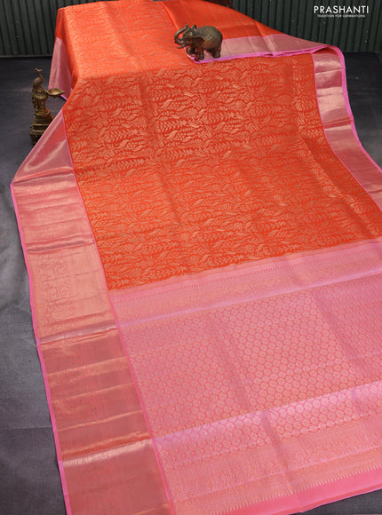 Pure kanchipuram silk saree orange and light pink with allover zari woven brocade weaves and long rich zari woven border