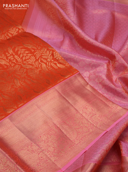 Pure kanchipuram silk saree orange and light pink with allover zari woven brocade weaves and long rich zari woven border