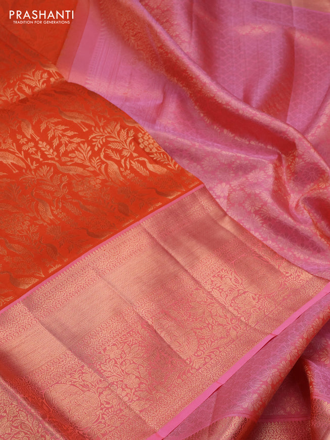 Pure kanchipuram silk saree orange and light pink with allover zari woven brocade weaves and long rich zari woven border