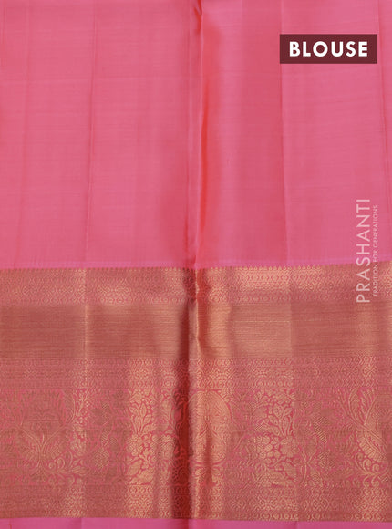 Pure kanchipuram silk saree orange and light pink with allover zari woven brocade weaves and long rich zari woven border