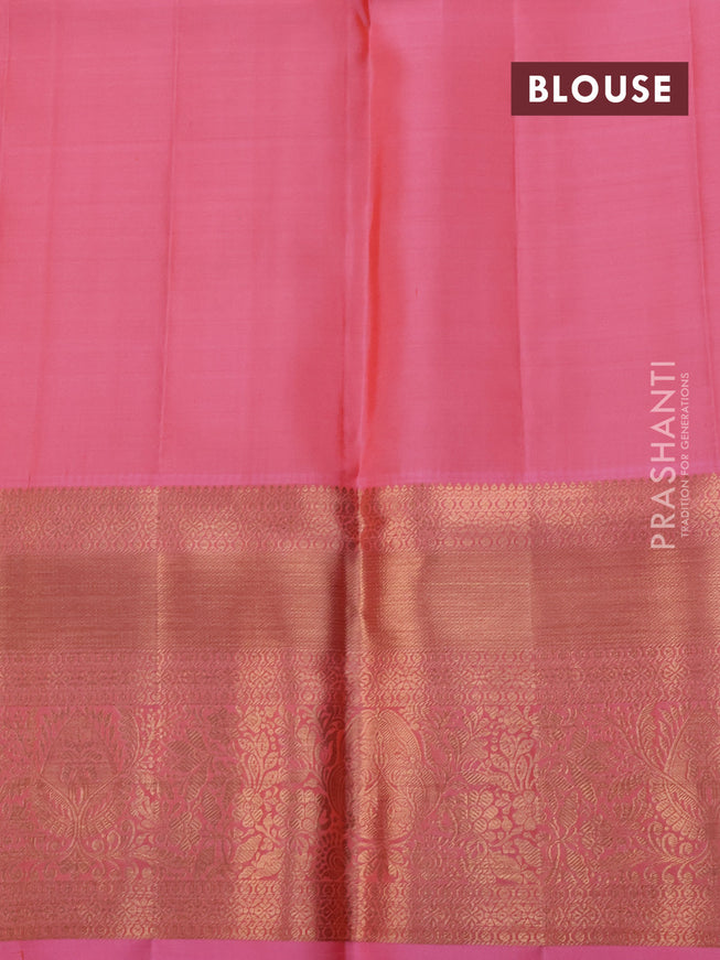 Pure kanchipuram silk saree orange and light pink with allover zari woven brocade weaves and long rich zari woven border