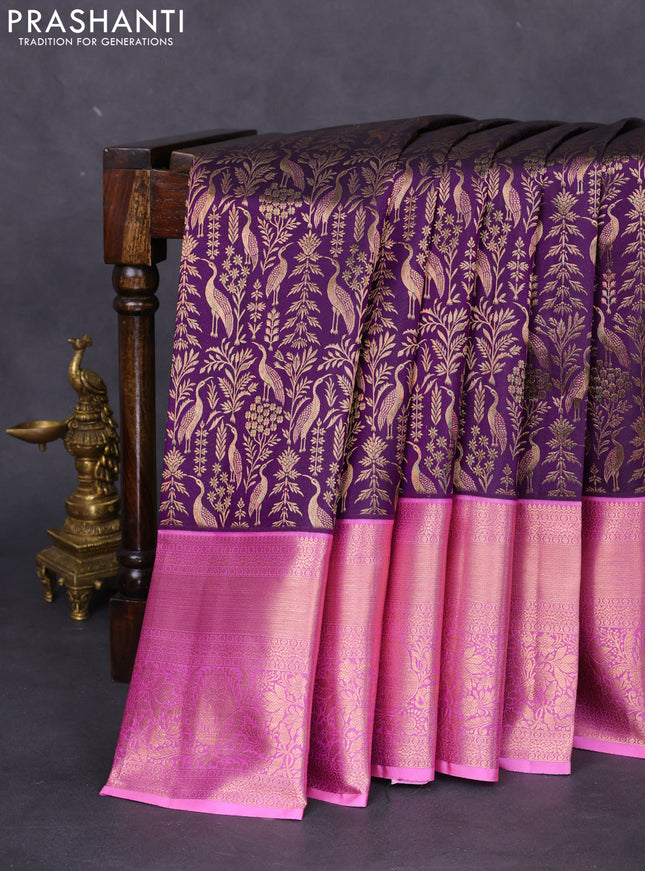 Pure kanchipuram silk saree deep jamun and light pink with allover zari woven brocade weaves and long rich zari woven border