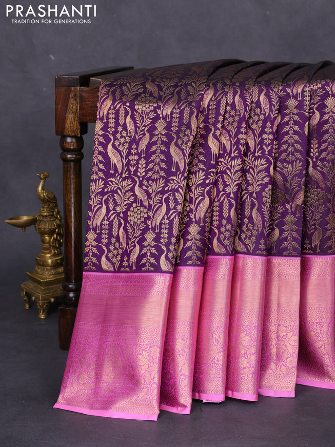 Pure kanchipuram silk saree deep jamun and light pink with allover zari woven brocade weaves and long rich zari woven border