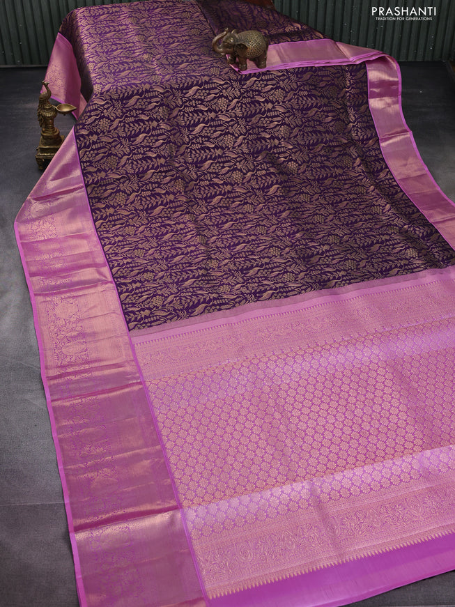 Pure kanchipuram silk saree deep jamun and light pink with allover zari woven brocade weaves and long rich zari woven border