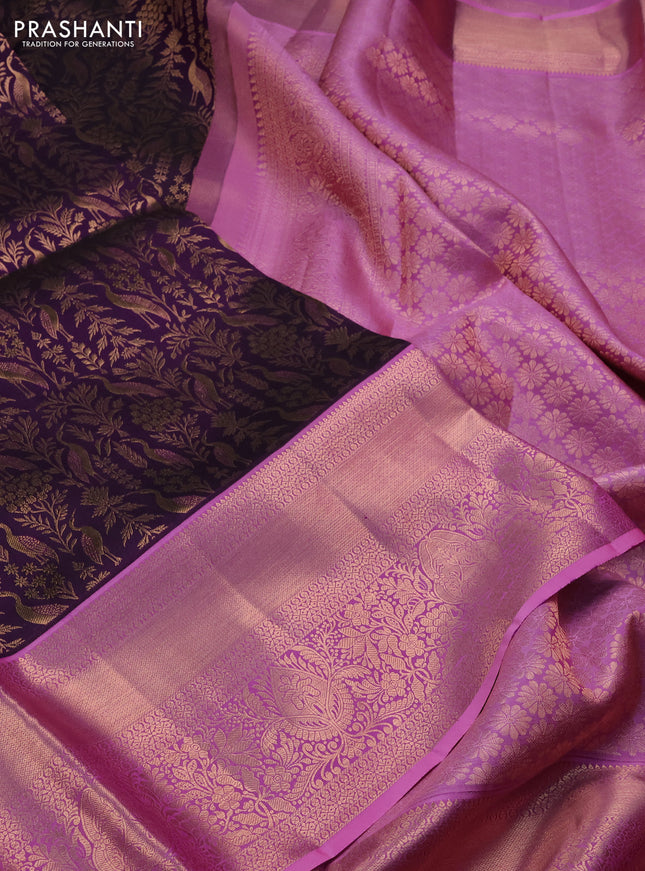 Pure kanchipuram silk saree deep jamun and light pink with allover zari woven brocade weaves and long rich zari woven border