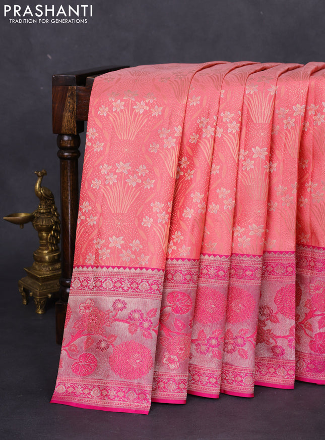 Pure kanchipuram silk saree peach shade and pink with allover zari woven brocade weaves and long rich zari woven border