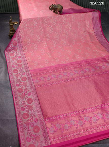 Pure kanchipuram silk saree peach shade and pink with allover zari woven brocade weaves and long rich zari woven border